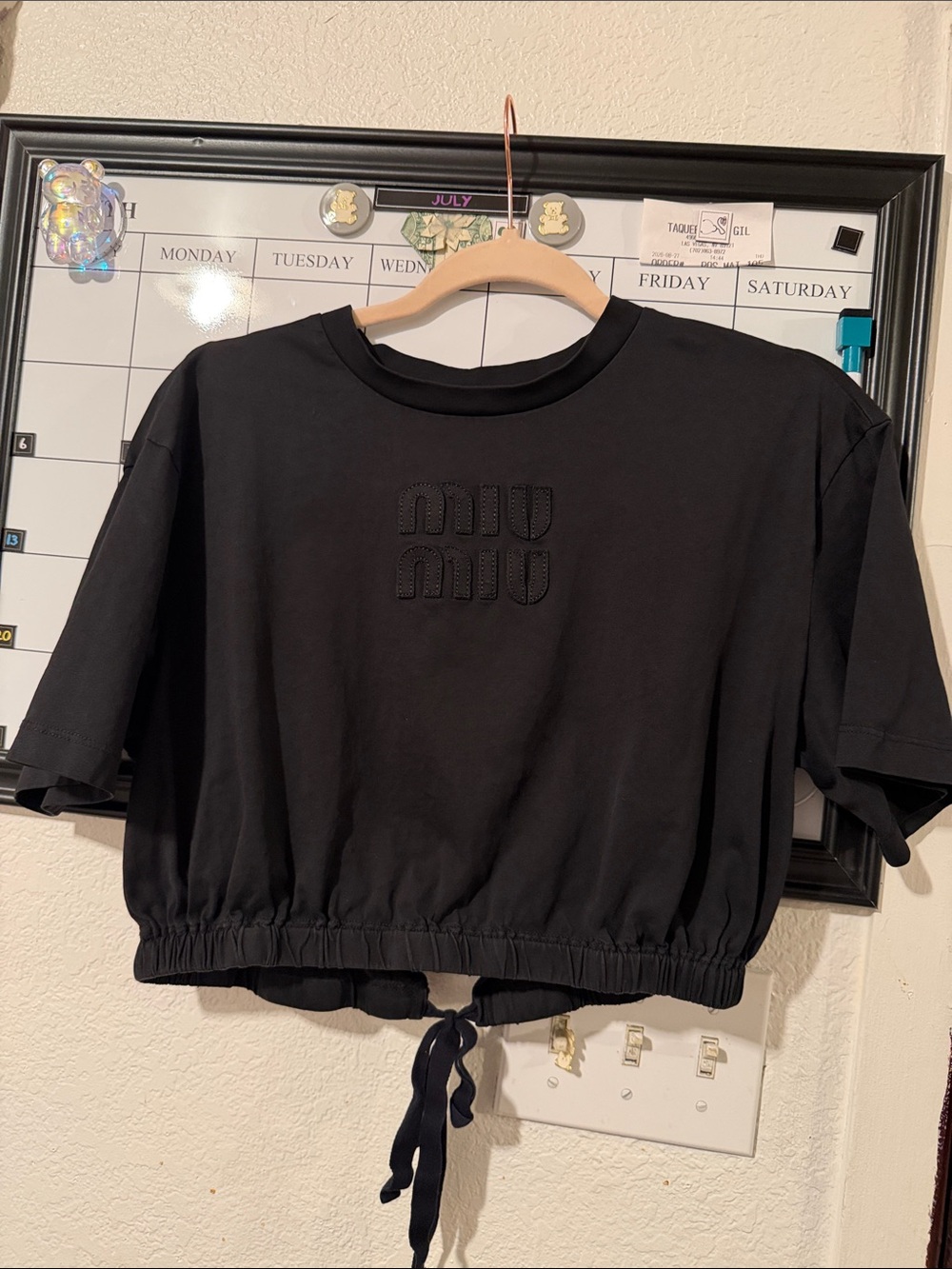 Miu Miu Black Cropped Drawstring Logo Tee